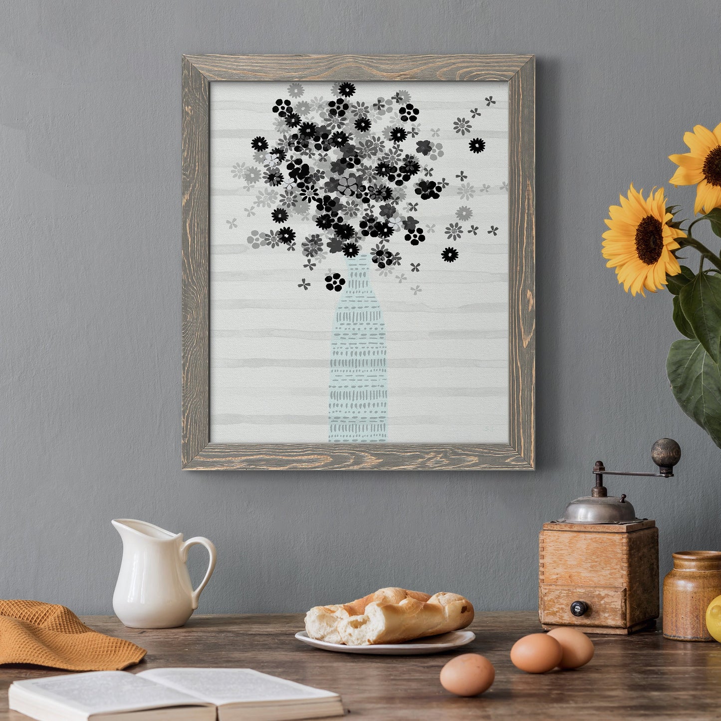 Bouquet of Black & White - Premium Canvas Framed in Barnwood - Ready to Hang