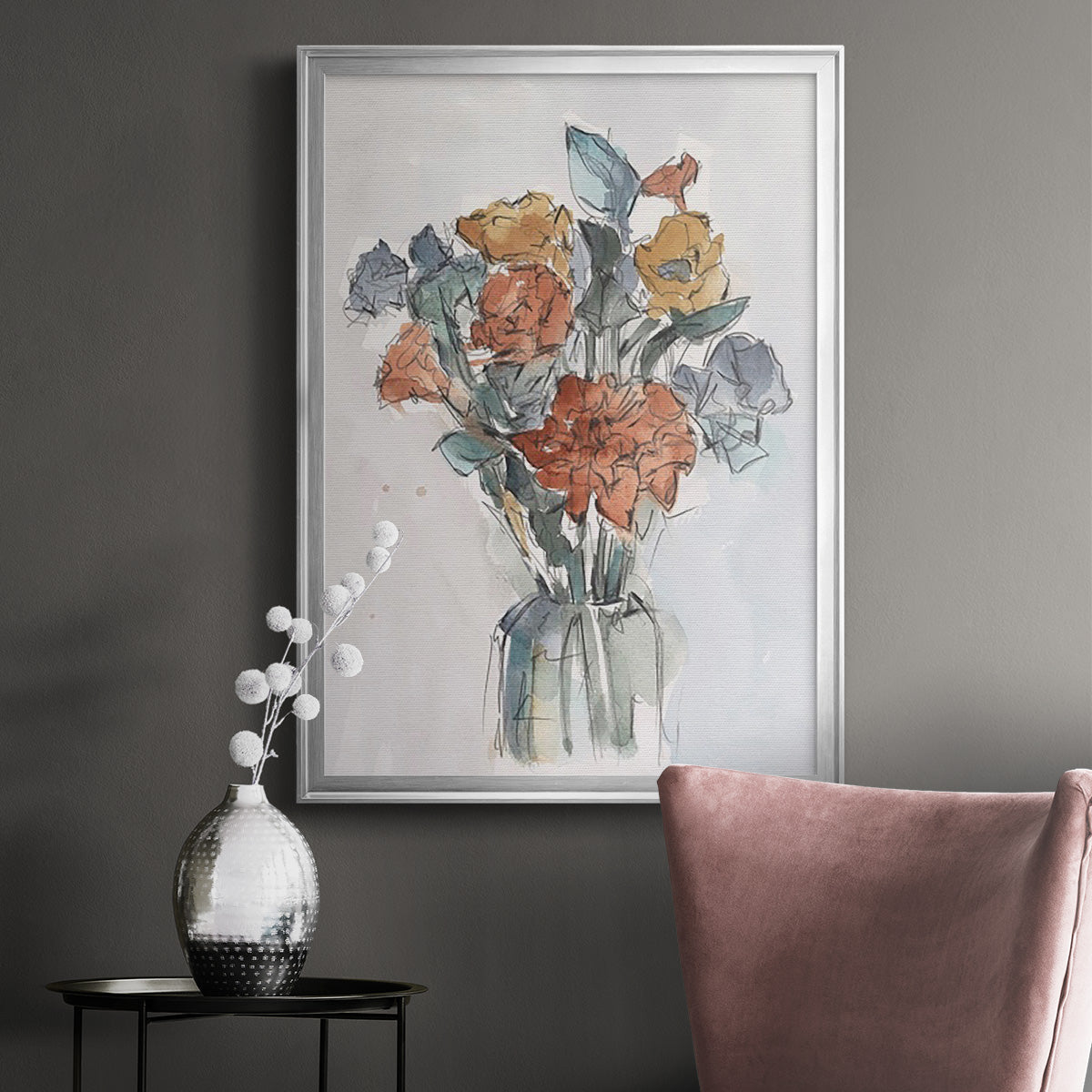 Watercolor Floral Arrangement I - Modern Framed Canvas Print