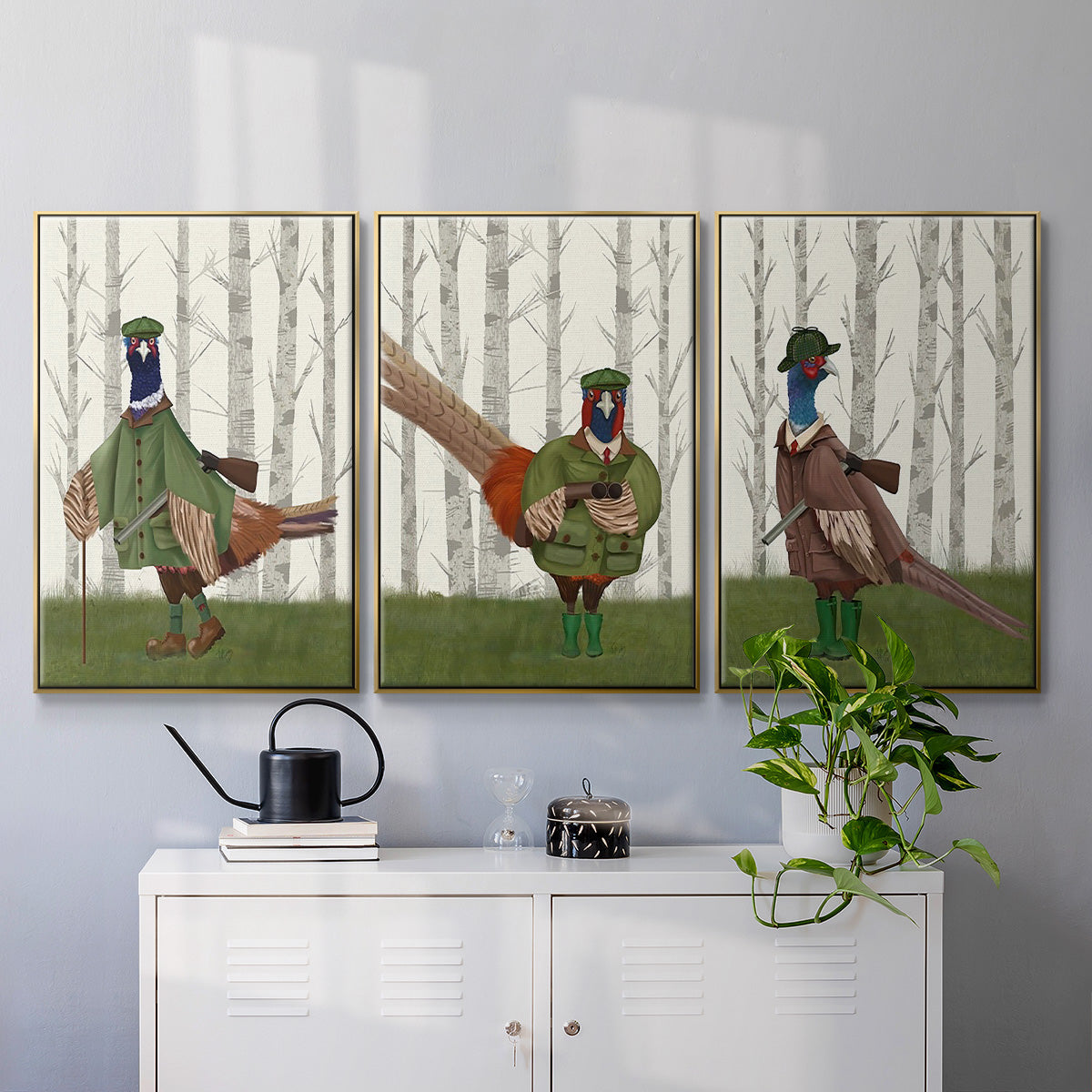 Pheasant Shooting Party 1 - Framed Premium Gallery Wrapped Canvas L Frame 3 Piece Set - Ready to Hang