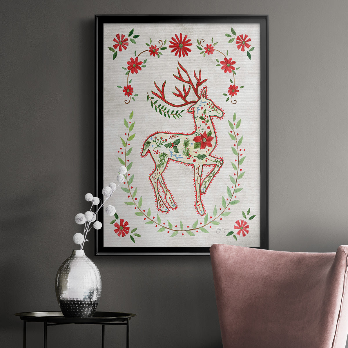 Christmas Folk Reindeer - Modern Framed Canvas Print