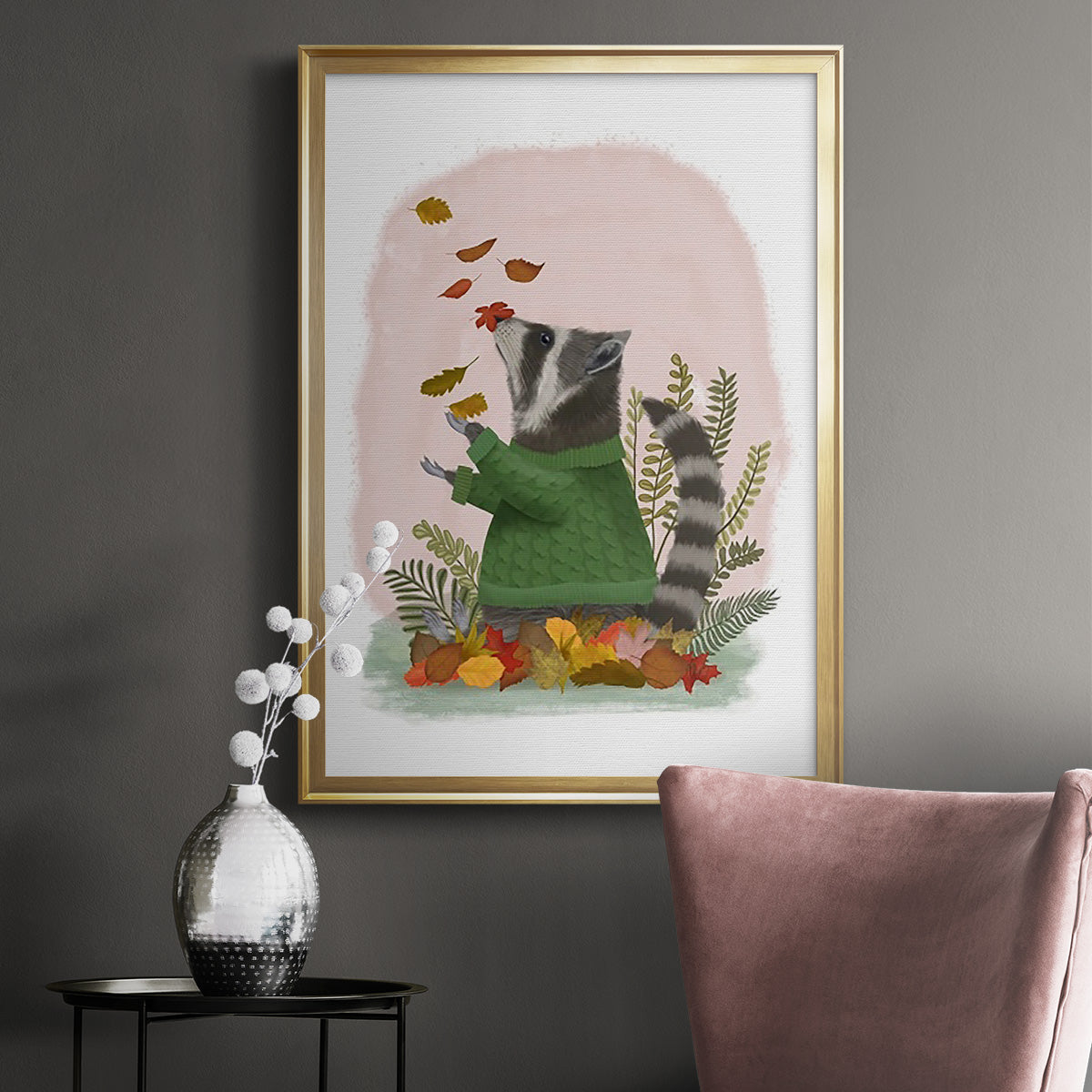 Raccoon Catching Leaves - Modern Framed Canvas Print