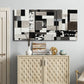 Three-panel canvas wall art featuring rectangular mid century geometric abstraction, displayed above a cabinet in an entryway.