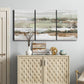 Three-panel canvas wall art featuring layered turquoise and earth tones abstract, displayed above a cabinet in an entryway.