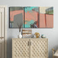 Three-panel canvas wall art featuring layered mid century abstract pathways, displayed above a cabinet in an entryway.