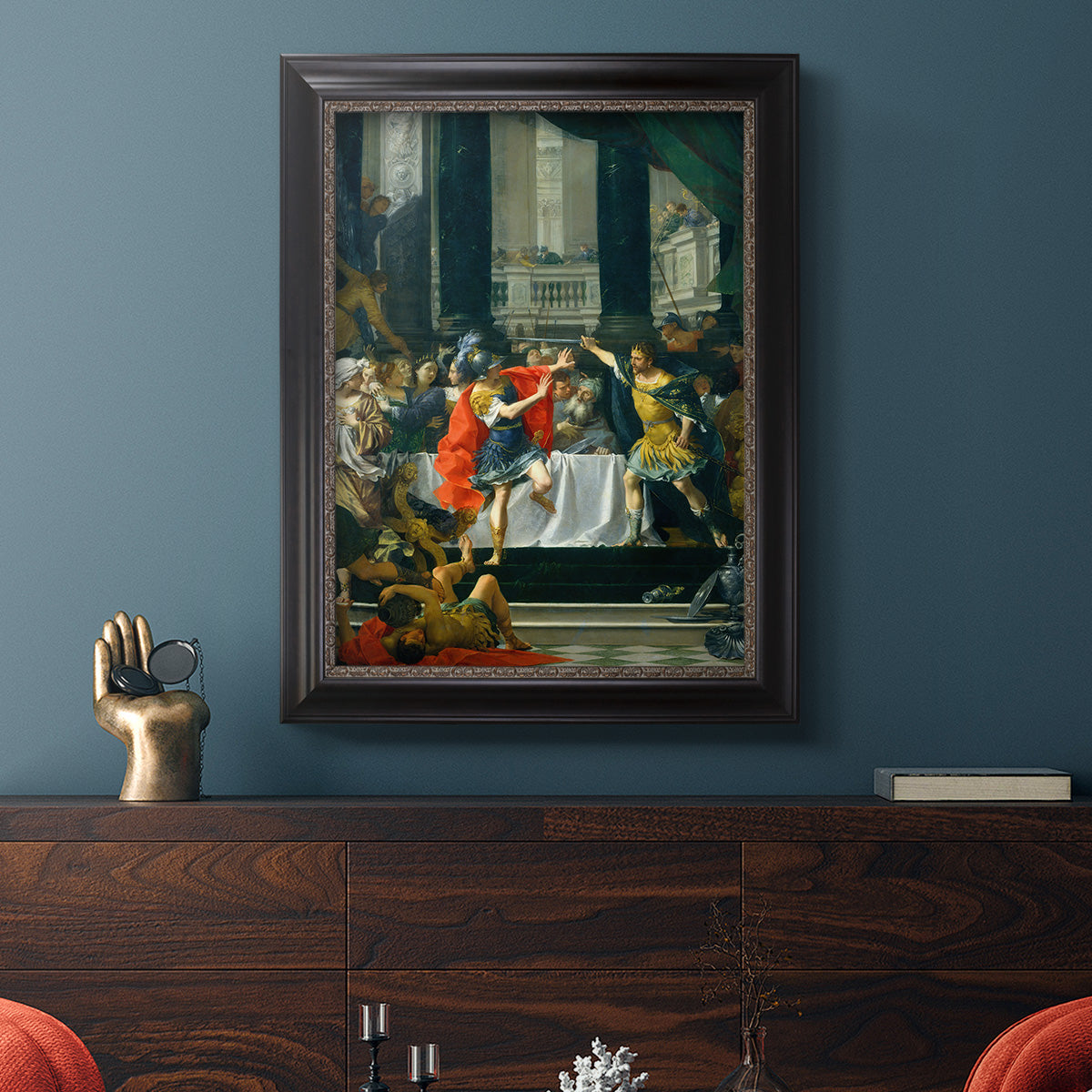 Classical historical painting of Alexander the Great by Donato Creti in an ornate black frame with gilded inner detail displayed in a dark-toned interior setting.