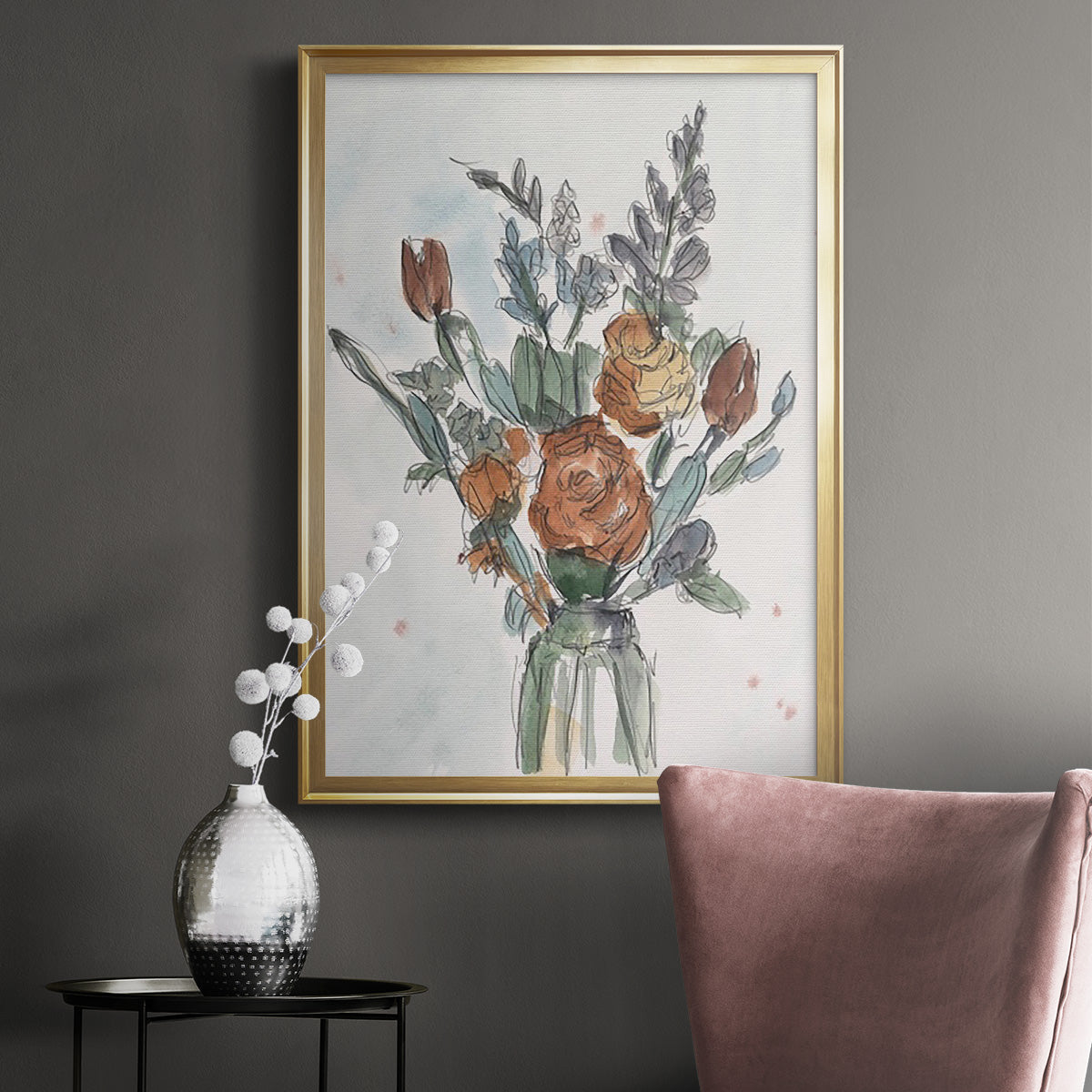 Watercolor Floral Arrangement II - Modern Framed Canvas Print