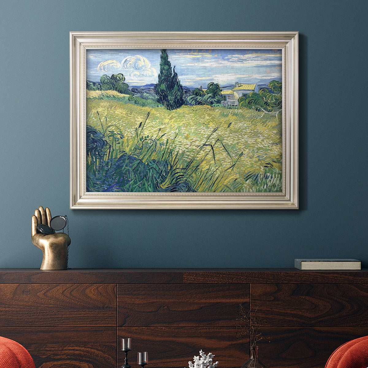 Green Wheat Field with Cypress - Ornate Framed Canvas Print
