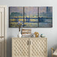 Three-panel canvas wall art featuring london bridge crossing wide river, displayed above a cabinet in an entryway.