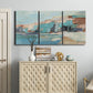 Three-panel canvas wall art featuring coastal shoreline with soft waves, displayed above a cabinet in an entryway.