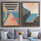 Set of two walnut barnwood framed canvas prints depicting paired retro graphic abstracts with checkerboards stripes squiggles peach blue black and mint shapes above a sofa in a contemporary living room.