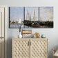 Three-panel canvas wall art featuring small pleasure boats on calm water, displayed above a cabinet in an entryway.