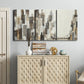 Three-panel canvas wall art featuring abstract harbor inspired composition, displayed above a cabinet in an entryway.