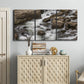 Three-panel canvas wall art featuring rushing river water over rocks, displayed above a cabinet in an entryway.