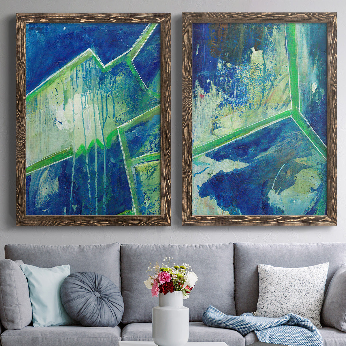 Geometric in Cool V - Premium Framed Canvas 2 Piece Set - Ready to Hang