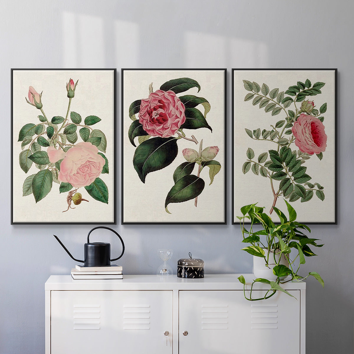 Pink Floral Mix I - Framed Premium Gallery Wrapped Canvas L Frame 3 Piece Set - Ready to Hang