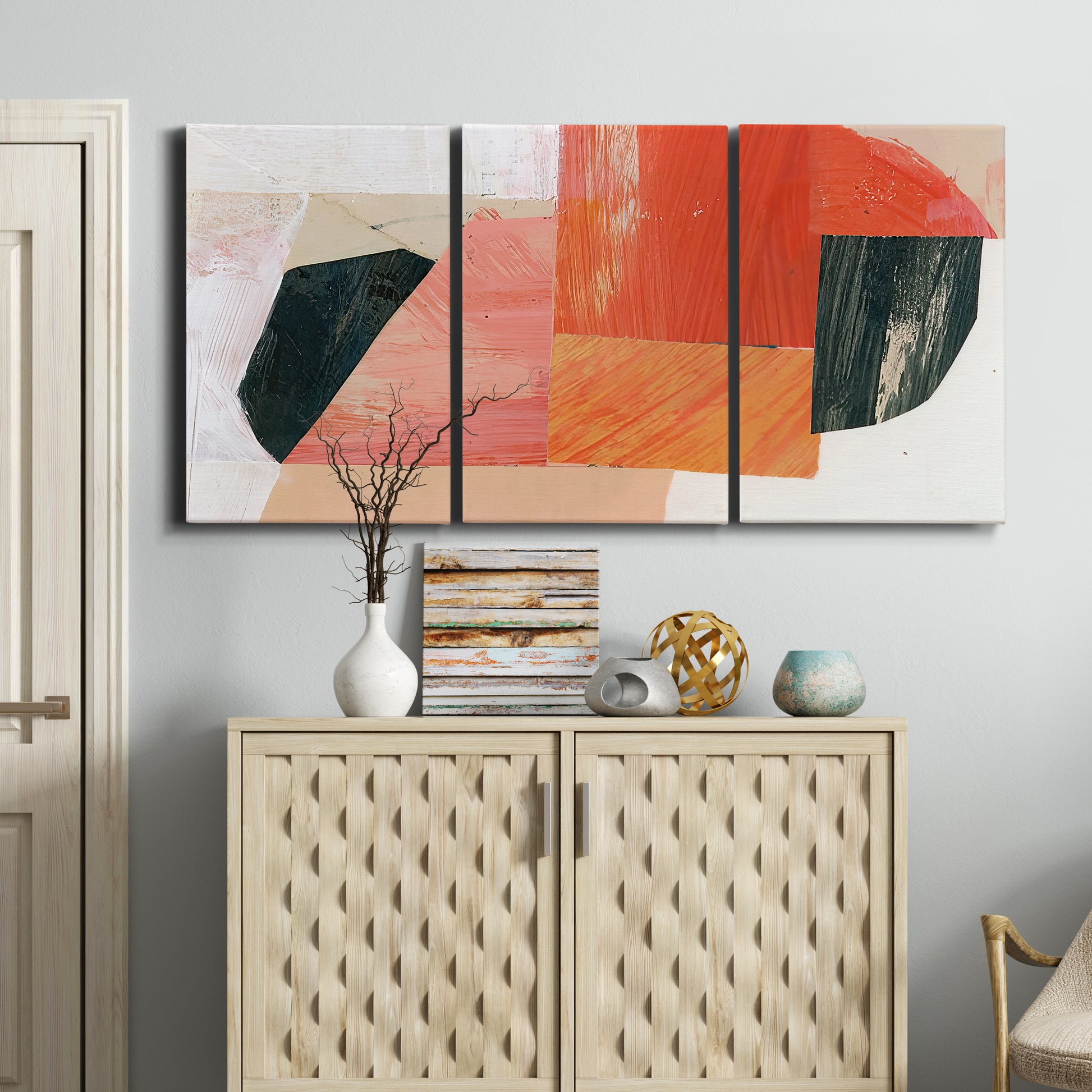 Three-panel canvas wall art featuring bold pink mid century abstract portal, displayed above a cabinet in an entryway.