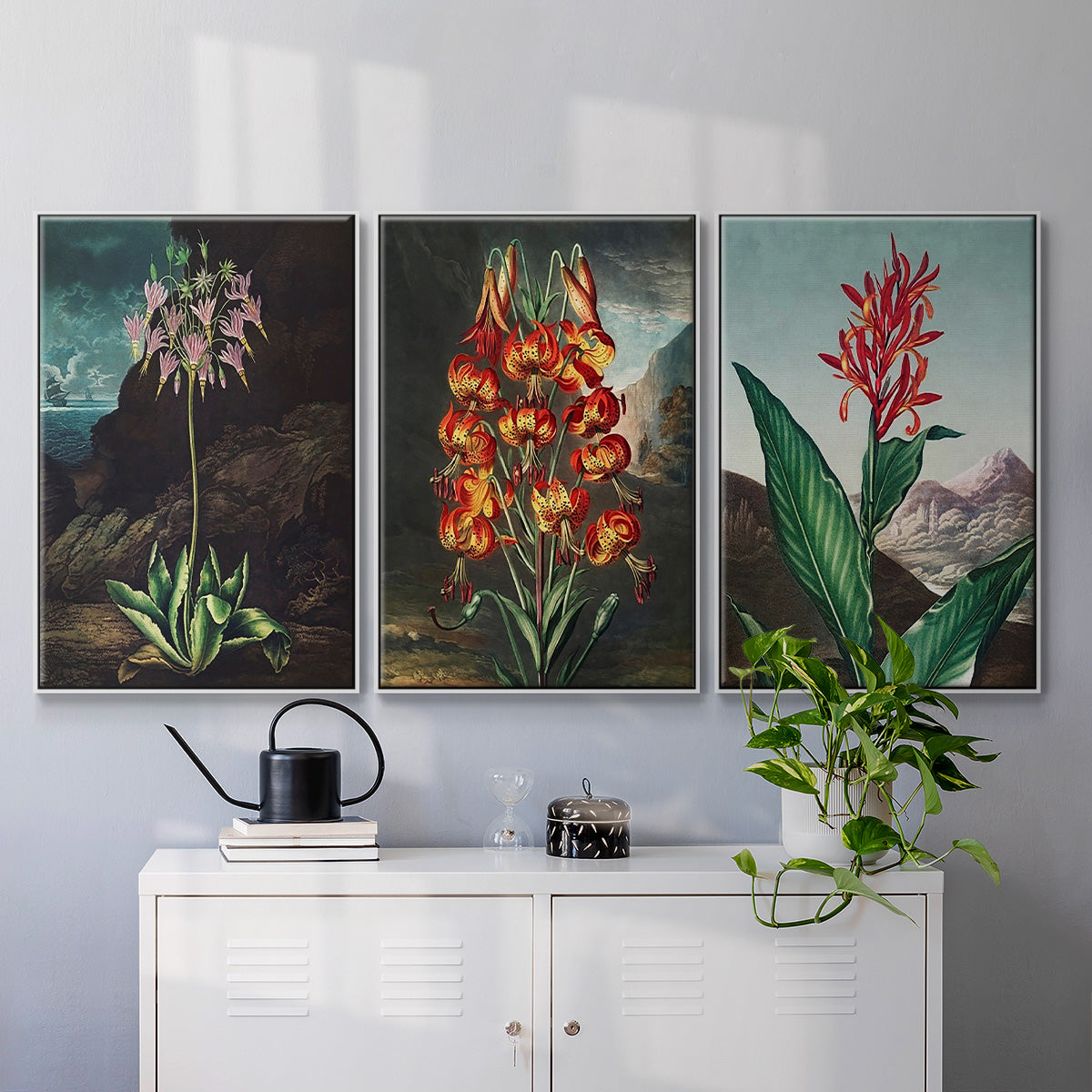 Temple of Flora I - Framed Premium Gallery Wrapped Canvas L Frame 3 Piece Set - Ready to Hang