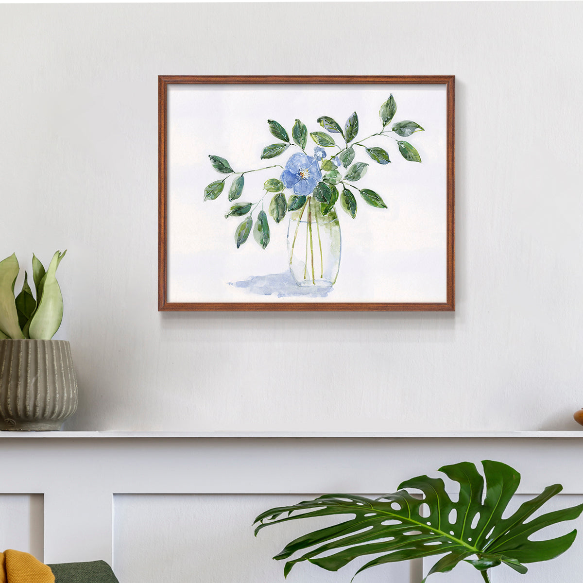 45308,watercolor,painting,flower,blue flower,green leaves,glass vase,nature art,interior decor,botanical art,floral,contemporary art,still life,home decor,tranquil,wall art,visual art,creative,handmade,craft,aesthetic,design,artist,beauty,calming,elegant,traditional,exhibition,soft colors,natural elements,craftsmanship,decor,floral arrangement,artwork,leaf,simplicity,Re-stickable,Plants & Flowers