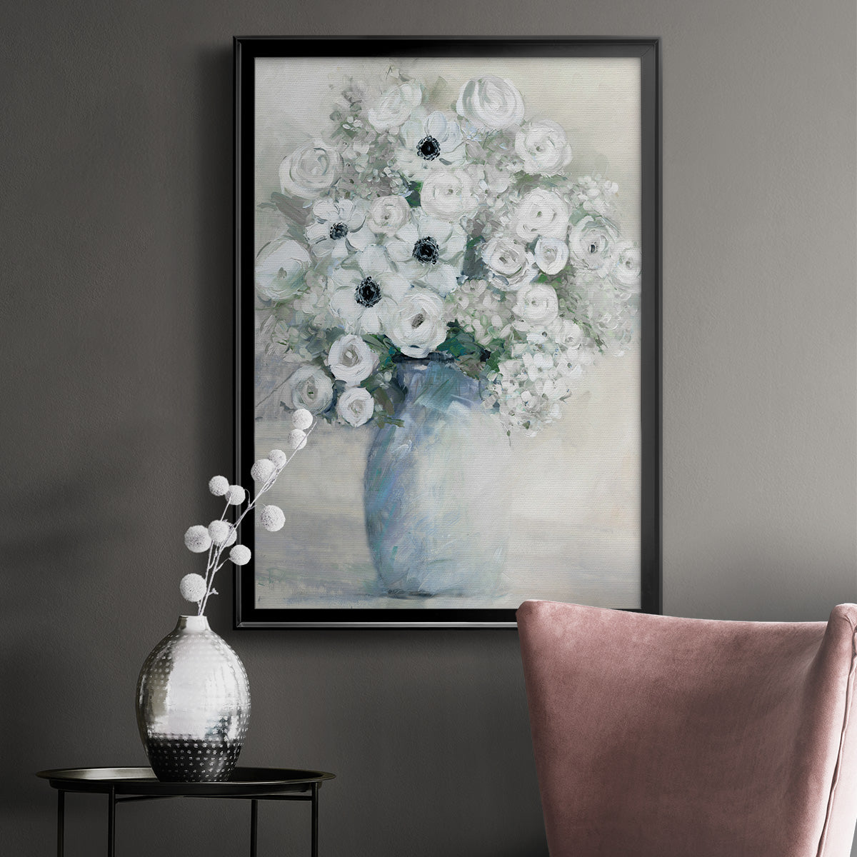 White Anemone Bouquet - Modern Framed Canvas Print