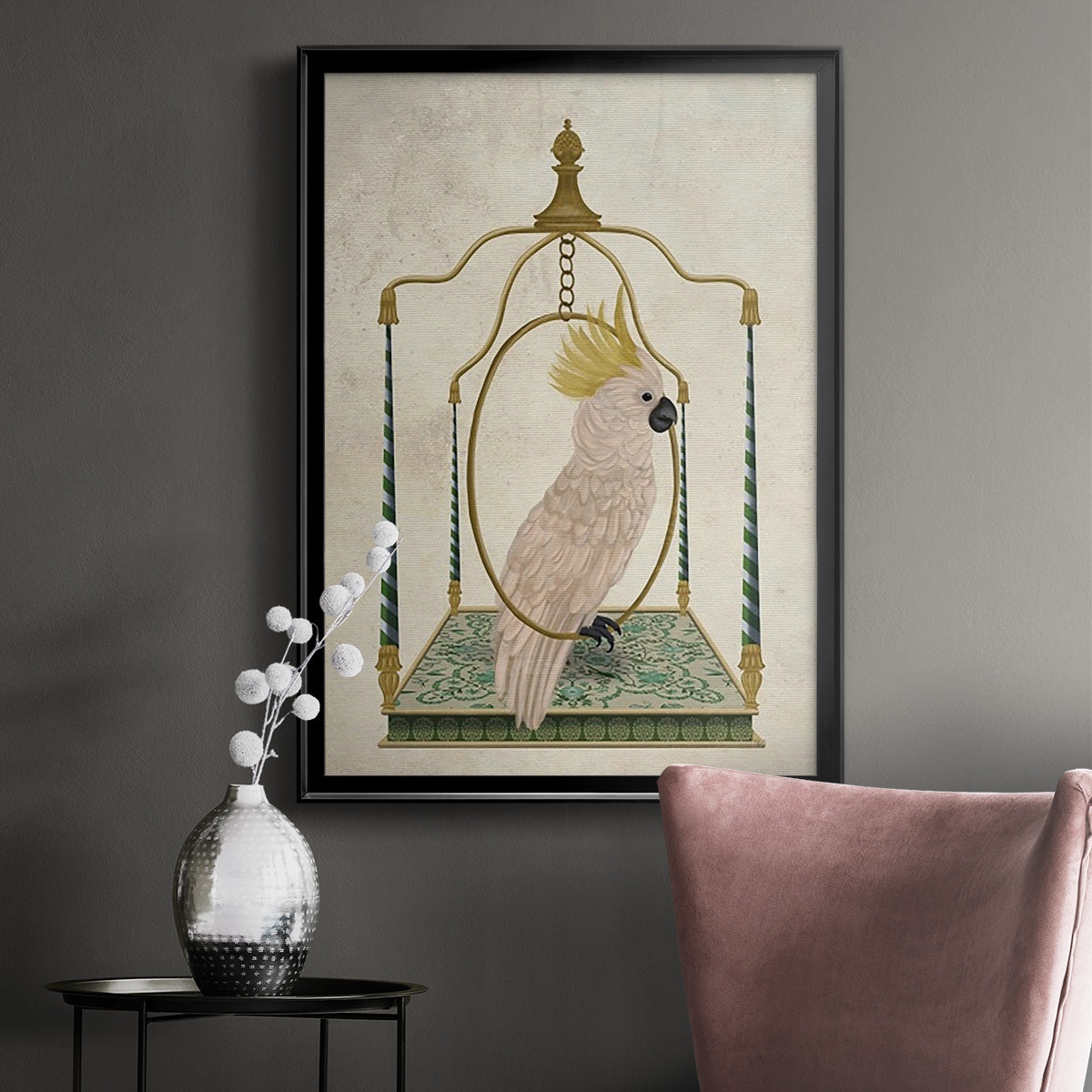 White Cockatoo on Swing - Modern Framed Canvas Print