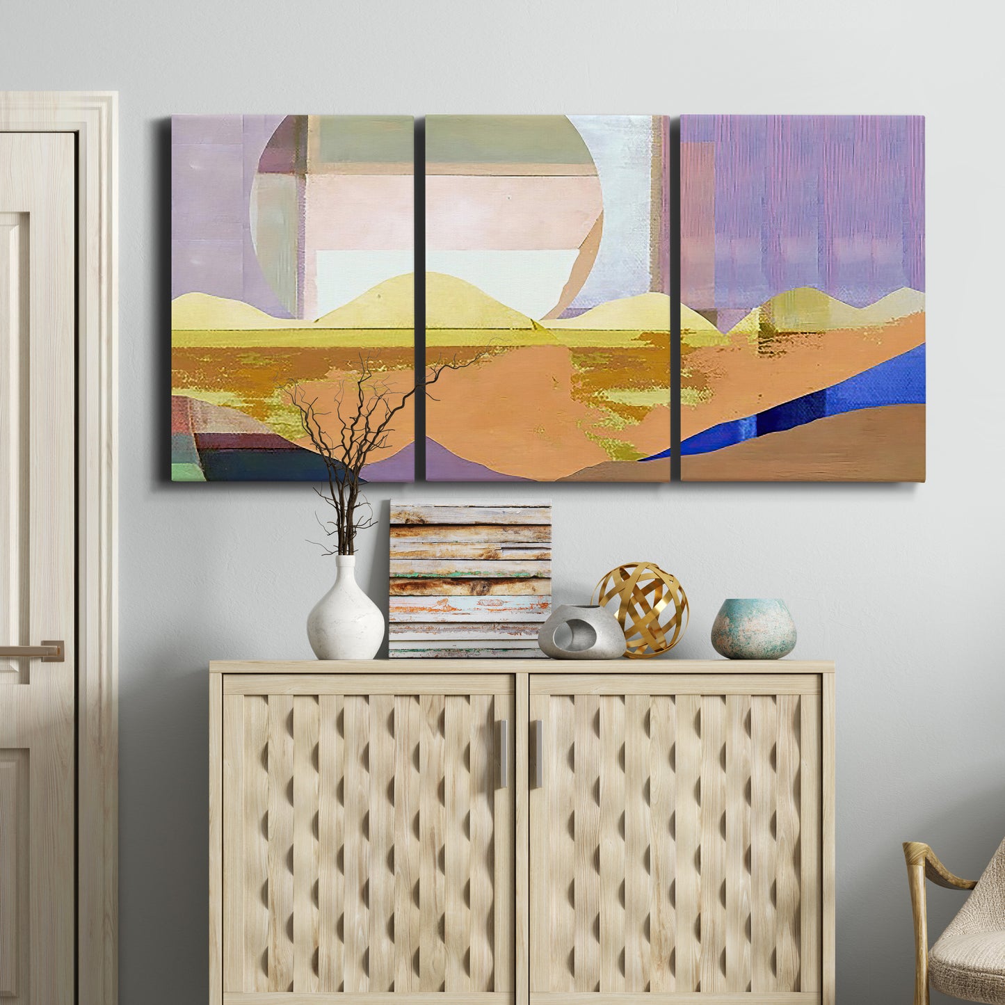Three-panel canvas wall art featuring mid century geometric pink abstraction, displayed above a cabinet in an entryway.