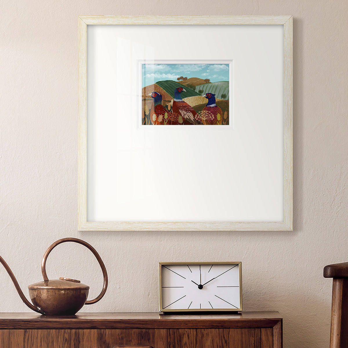 Pheasant Trio in Field Premium Framed Print Double Matboard