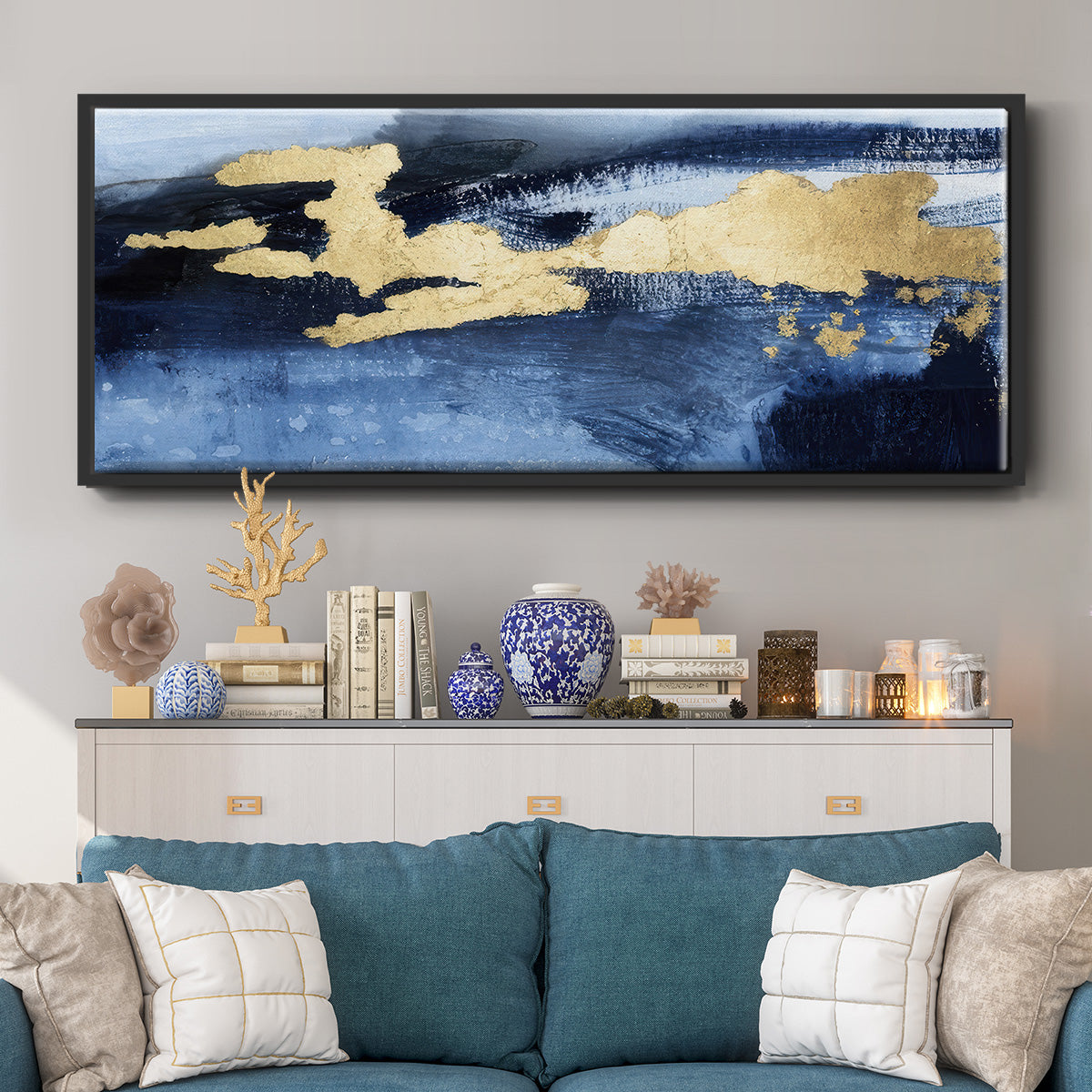 Gilded Indigo Sea I  - Floater Framed Canvas Print