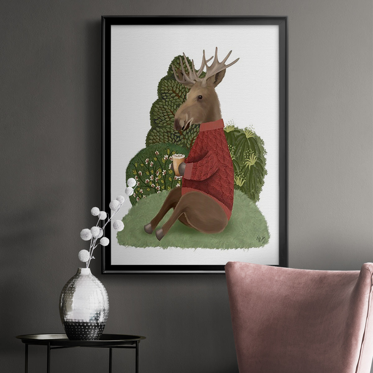 Latte Moose in Sweater - Modern Framed Canvas Print