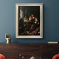 Classical portrait of a soldier smoking a pipe by Frans van Mieris the Elder in an ornate champagne frame displayed in a dark-toned interior setting.