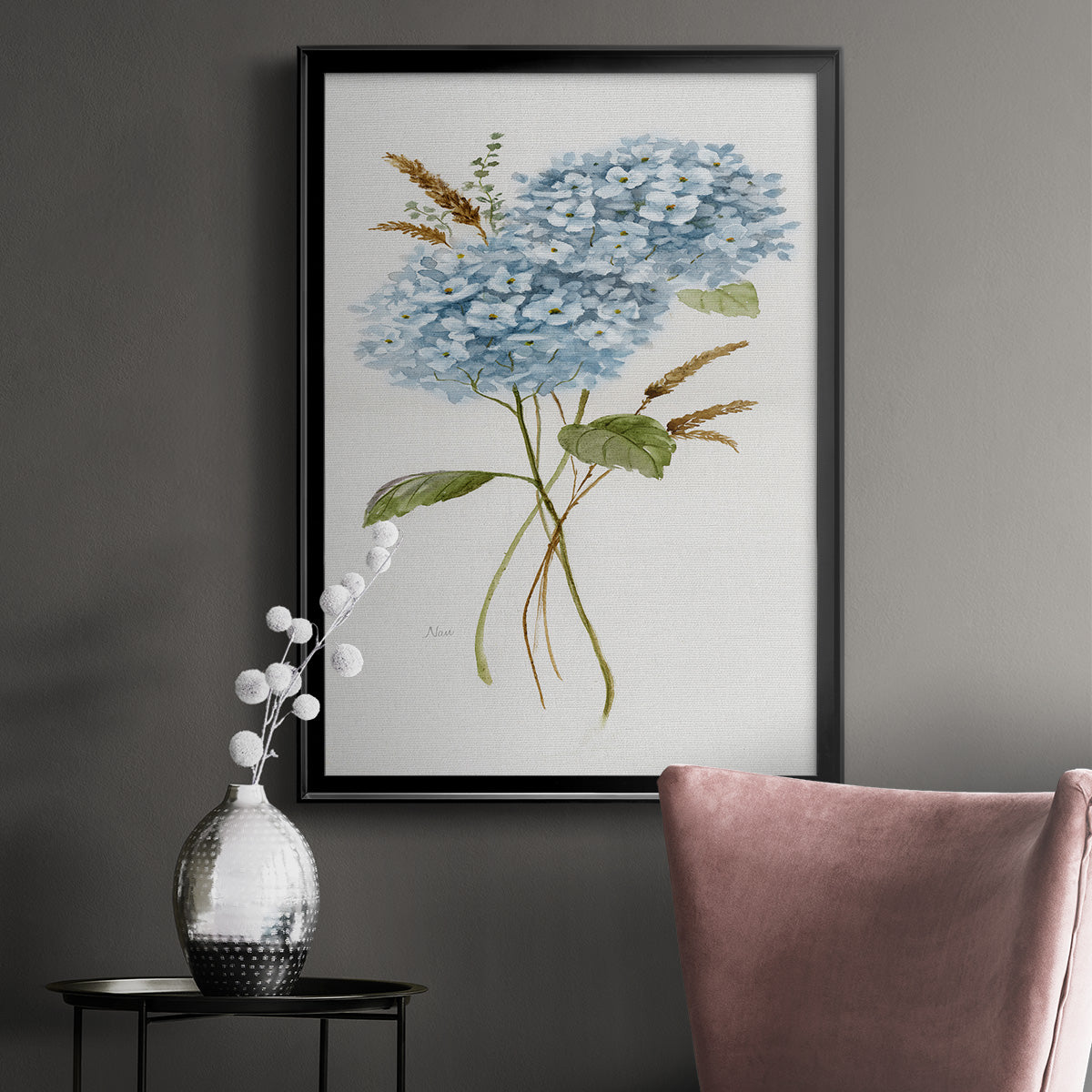 Petite Blue Hydrangea I - Modern Framed Canvas Print