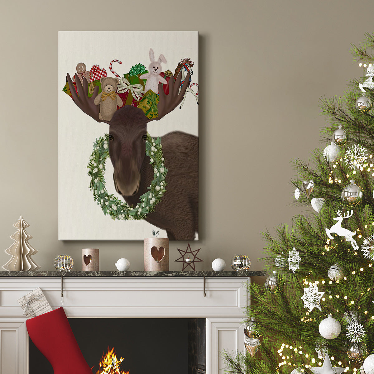 Christmas Moose and Christmas Gifts - Gallery Wrapped Canvas