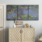 Three-panel canvas wall art featuring purple haze water lily pond, displayed above a cabinet in an entryway.