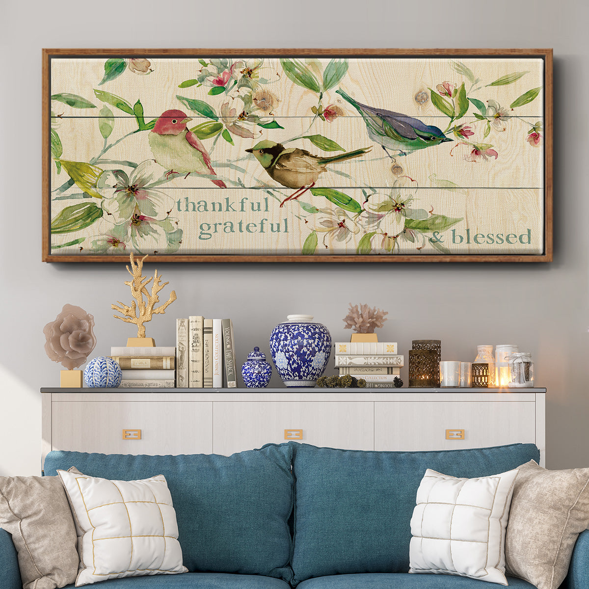 Grateful Thankful Blessed Birds - Floater Framed Canvas Print