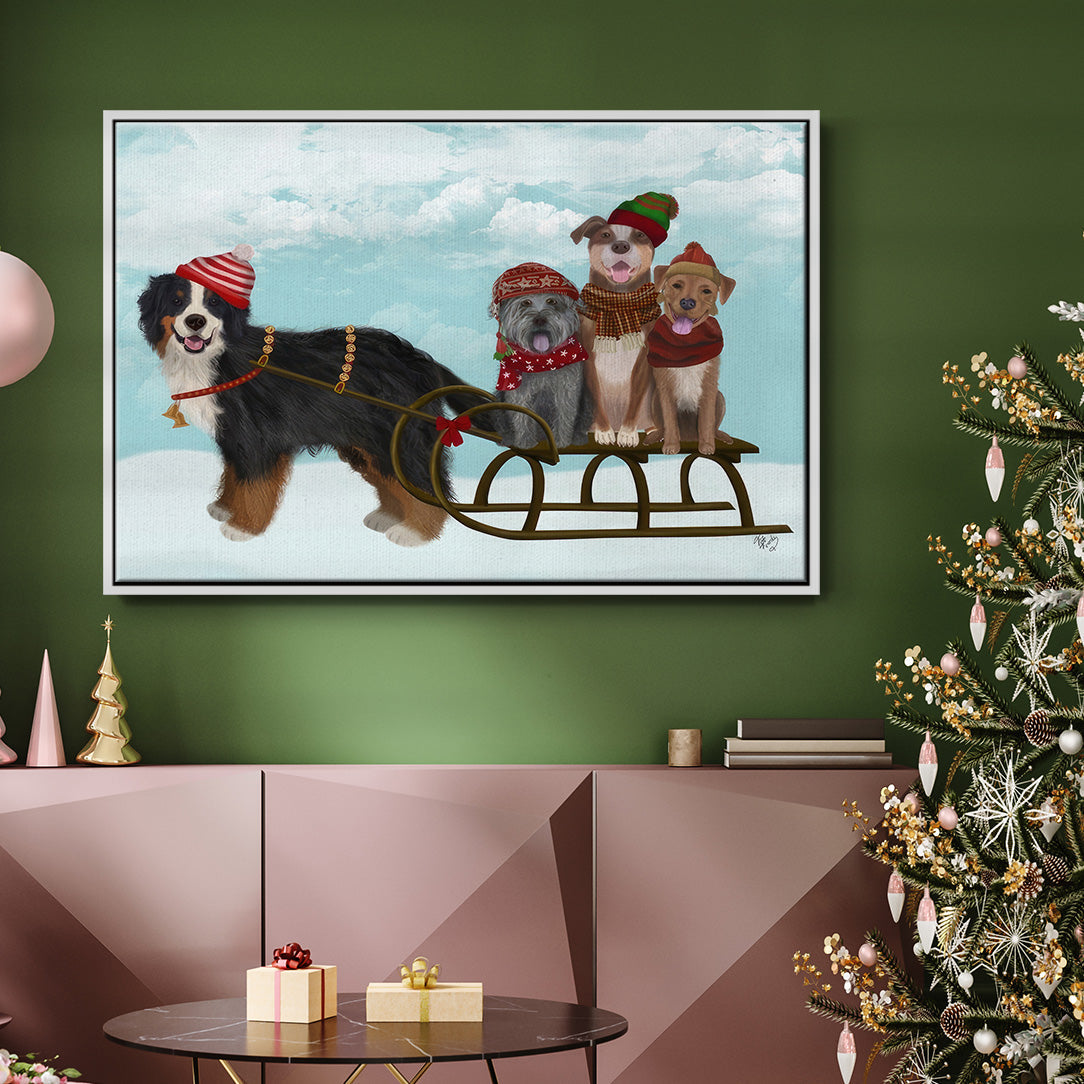 Christmas Mutt Sled - Floater Framed Canvas Print