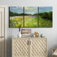 Three-panel canvas wall art featuring pastoral field with wildflowers, displayed above a cabinet in an entryway.