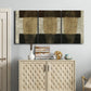 Three-panel canvas wall art featuring textured abstract vessel forms, displayed above a cabinet in an entryway.
