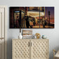 Three-panel canvas wall art featuring cinematic nighttime theater scene, displayed above a cabinet in an entryway.