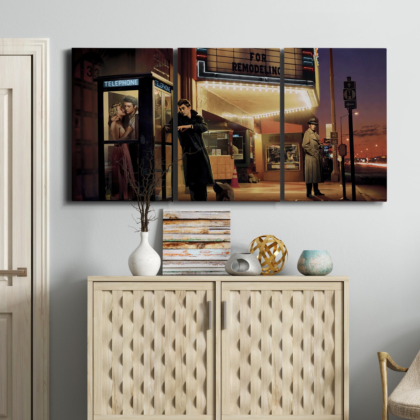 Three-panel canvas wall art featuring cinematic nighttime theater scene, displayed above a cabinet in an entryway.