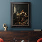 Classical portrait of a soldier smoking a pipe by Frans van Mieris the Elder in an ornate black frame with gilded inner detail displayed in a dark-toned interior setting.