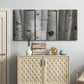 Three-panel canvas wall art featuring close up tree bark texture photograph, displayed above a cabinet in an entryway.