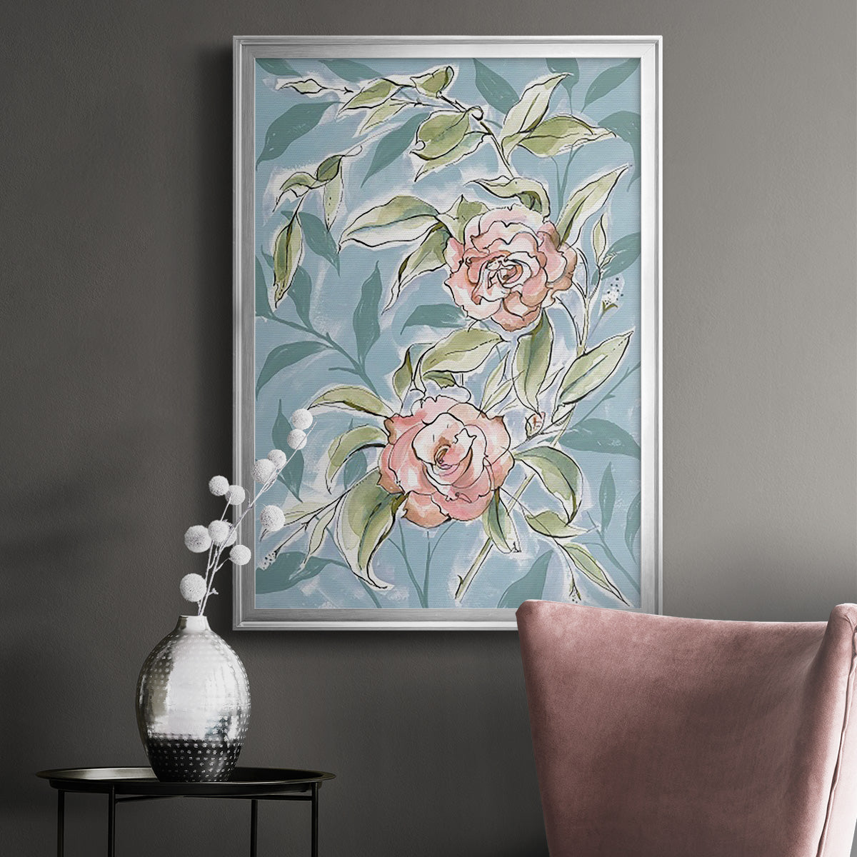 Faded Camellias II - Modern Framed Canvas Print