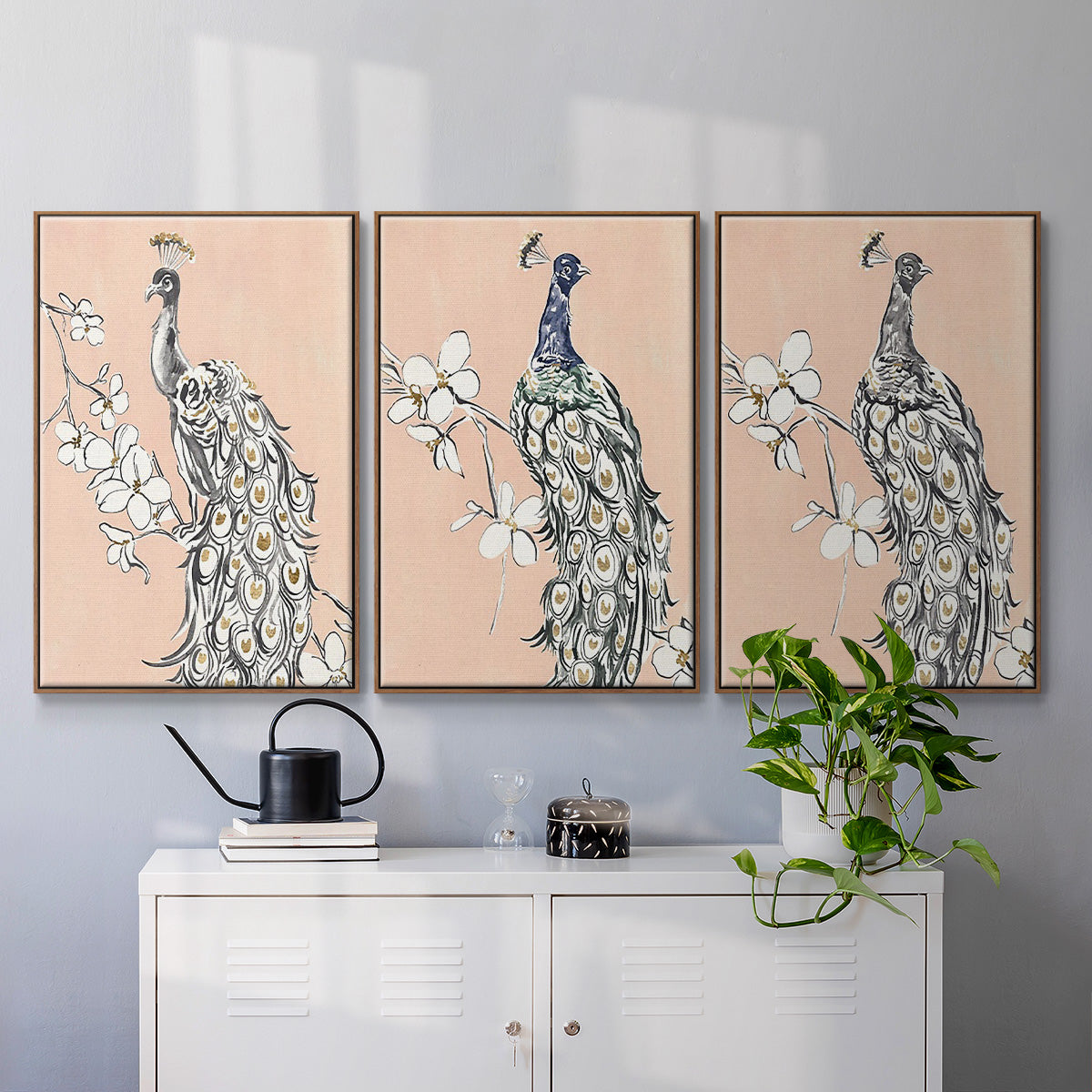 Peacock in Gold I - Framed Premium Gallery Wrapped Canvas L Frame 3 Piece Set - Ready to Hang