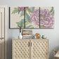 Three-panel canvas wall art featuring soft pink peony blossoms, displayed above a cabinet in an entryway.