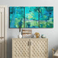 Three-panel canvas wall art featuring abstract river composition with movement, displayed above a cabinet in an entryway.