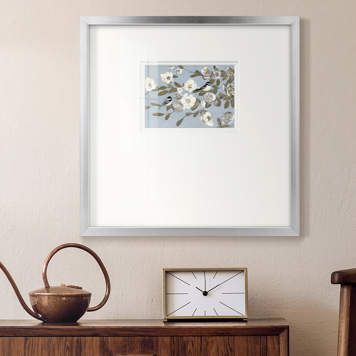 Chickadees and Blossoms I Premium Framed Print Double Matboard