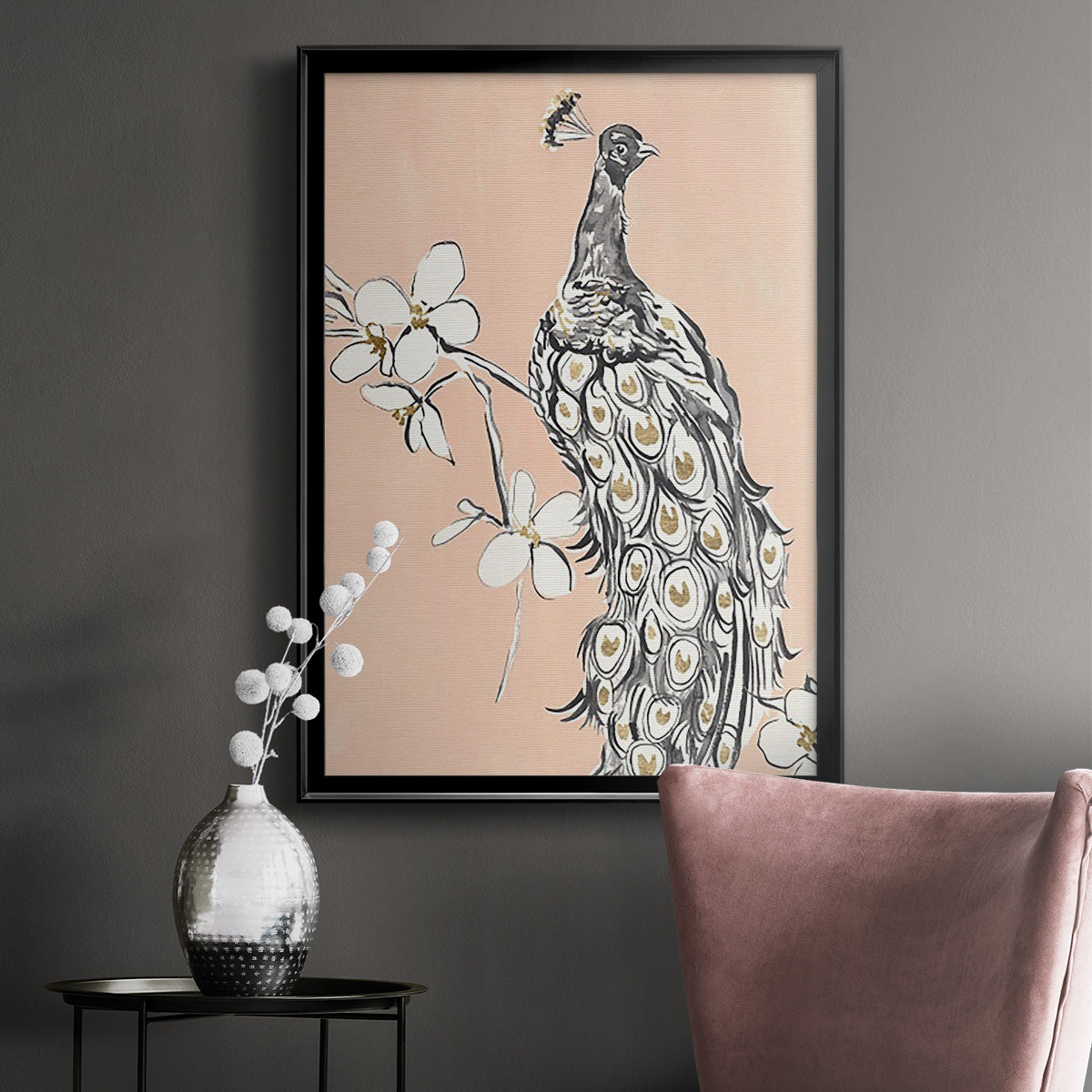 Peacock in Gold I - Modern Framed Canvas Print