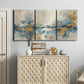 Three-panel canvas wall art featuring abstract soft morning light, displayed above a cabinet in an entryway.