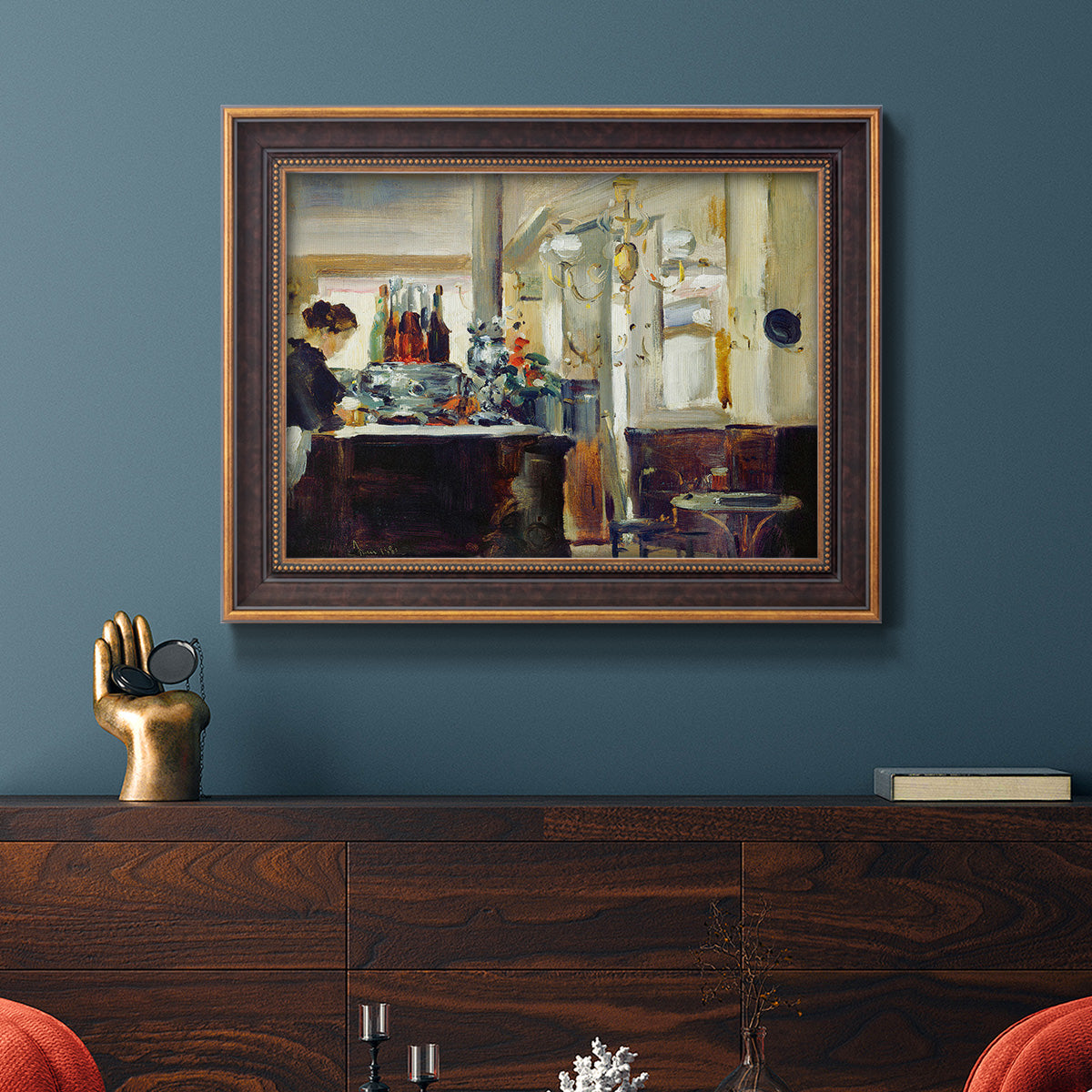 Impressionist café still life scene by Édouard Manet in an ornate bronzed mahogany wood frame displayed in a dark-toned interior setting.