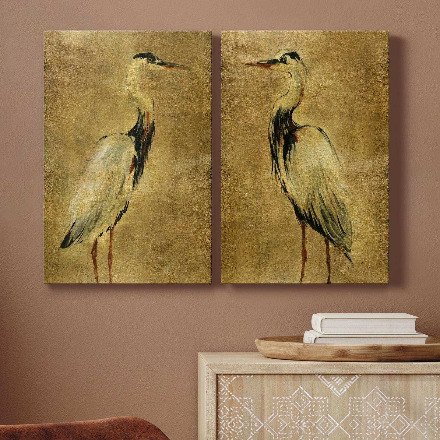 Gold Crane at Dusk I Premium Gallery Wrapped Canvas - Ready to Hang - Set of 2 - 8 x 12 Each