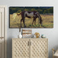 Three-panel canvas wall art featuring horses standing near farmhouse, displayed above a cabinet in an entryway.